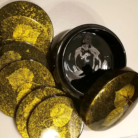 Vintage retro lacquered coaster and container set